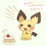  ! 2015 ambiguous_gender anthro cake food kanannbo nintendo open_mouth pichu pok&eacute;mon pok&eacute;mon_(species) simple_background solo standing video_games 