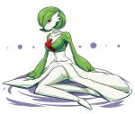  1girl blush breasts collarbone creatures_(company) female full_body game_freak gardevoir gen_3_pokemon green_hair green_skin hair_over_one_eye highres large_breasts light_blush looking_at_viewer nintendo no_humans no_mouth pokemon pokemon_(creature) red_eyes shimure shiny shiny_hair short_hair simple_background sitting solo two-tone_background two-tone_skin white_background white_skin yokozuwari 