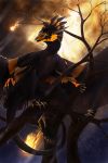  2012 averrisvis black_feathers claws day detailed_background digital_media_(artwork) dragon feathered_dragon feathered_wings feathers feral outside raining solo tree wet wings yellow_eyes 