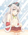  alternate_costume bangs blue_eyes blush breasts choker christmas commentary_request eyebrows_visible_through_hair flat_chest garrison_cap groin hair_between_eyes hat kantai_collection lang_(chikage36) long_hair looking_at_viewer navel nipples open_mouth pussy ribbon ribbon_choker santa_costume simple_background skirt skirt_lift small_breasts solo spread_legs u-511_(kantai_collection) white_hair 