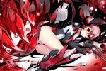  armored_boots black_gloves boots collarbone divine_gate getsuyoubi gloves hair_between_eyes headgear leotard lying on_side pink_hair red_eyes shiny shiny_hair short_hair solo twintails 