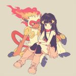  arm_support bangs bare_shoulders black_eyes black_hair black_legwear black_shirt blue_eyes boots closed_mouth crossed_arms fire flat_chest full_body furry green_background hair_ornament hairclip hikari_(pokemon) infernape knee_boots knee_up kneehighs knees_together_feet_apart knees_up komasawa_(fmn-ppp) long_hair looking_to_the_side miniskirt pink_footwear pink_skirt pokemon pokemon_(creature) pokemon_(game) pokemon_dppt red_scarf scarf shirt simple_background sitting sitting_on_lap sitting_on_person skirt sleeveless sleeveless_shirt tied_hair wristband yellow_sclera 