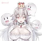  blush boo breasts cleavage commentary_request crown dress eyebrows_visible_through_hair gloves hair_between_eyes hands_on_own_chest himino0 large_breasts long_hair looking_at_viewer luigi's_mansion mario_(series) new_super_mario_bros._u_deluxe open_mouth princess_king_boo purple_eyes red_eyes sharp_teeth super_crown super_mario_bros. teeth tongue white_dress white_gloves white_hair 