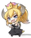  :d bangs black_dress black_footwear blonde_hair blue_eyes blush bowsette bracelet breasts brown_legwear chibi cleavage collar commentary_request crown dress eyebrows_visible_through_hair full_body hair_between_eyes head_tilt horns jewelry long_hair mario_(series) medium_breasts mini_crown new_super_mario_bros._u_deluxe open_mouth pantyhose pointy_ears ponytail shachoo. shadow sharp_teeth smile solo spiked_bracelet spiked_collar spiked_shell spiked_tail spikes standing strapless strapless_dress super_crown tail teeth torn_clothes torn_dress turtle_shell white_background 