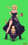  absurdres anger_vein bare_shoulders black_dress black_footwear black_gloves blonde_hair blue_eyes boots bowsette bowsette_jr. bracelet breasts breathing_fire choker commentary covered_navel crown dress earrings faymantra fire full_body gloves hat hat_removed head_tilt headwear_removed highres holding holding_hat horns jewelry large_breasts leaning_forward looking_at_viewer mario_(series) mother_and_daughter multiple_girls new_super_mario_bros._u_deluxe ponytail pout short_ponytail spiked_bracelet spiked_choker spiked_tail spikes standing super_crown super_mario_bros. tail twirling_hat 