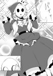  belt bow bowtie comic damii0807 dress frilled_dress frills greyscale hair_ornament hands_up highres holding holding_mask hooded_dress humanization long_hair long_sleeves low_twintails mario_(series) mask monochrome new_super_mario_bros._u_deluxe shy_gal shy_guy sparkle super_crown transformation twintails 