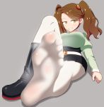  1girl boots breasts brown_hair feet grin gundam gundam_build_fighters gundam_build_fighters_try j-kisarazu large_breasts long_hair pov pov_feet sazaki_kaoruko sheer_legwear shoes shoes_removed single_shoe smile soles steam toes twintails white_legwear yellow_eyes 