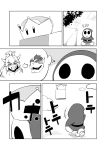  :d belt bowser bowsette cloud comic commentary_request damii0807 directional_arrow greyscale highres hood hoodie horns mario_(series) monochrome new_super_mario_bros._u_deluxe open_mouth sharp_teeth shoes shy_guy smile super_crown teeth thick_eyebrows thought_bubble tree walking 