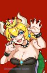  1girl armlet armpits artist_name babes bare_shoulders black_dress blonde_hair blue_eyes blush bowsette bracelet breasts breathing_fire chest claw_pose cleavage collar crown daikirikun dress earrings fire frilled_dress frills genderswap genderswap_(mtf) horns jewelry looking_at_viewer mario_(series) medium_breasts new_super_mario_bros._u_deluxe nintendo open_mouth pointy_ears ponytail sharp_teeth solo spiked_bracelet spiked_collar spiked_shell spiked_tail spikes strapless strapless_dress super_crown tail teeth thick_eyebrows turtle_shell twitter_username upper_body 