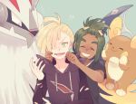  2boys alolan_raichu black_jacket black_shirt blonde_hair blush blush_stickers cheek_pinching closed_eyes closed_mouth collarbone dark_skin dark_skinned_male flying_sweatdrops forced_smile gladio_(pokemon) green_background green_eyes green_hair hair_ornament hair_over_one_eye hairclip hand_up hands_up happy hau_(pokemon) jacket komasawa_(fmn-ppp) long_sleeves male_focus mouth_pull multiple_boys nose_blush pinching pokemon pokemon_(creature) pokemon_(game) pokemon_sm shiny shiny_hair shirt short_sleeves silvally silver_eyes simple_background smile sweat torn_clothes upper_body 