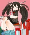  :o barefoot black_eyes black_hair black_skirt blush box commentary_request ebimomo gift gift_box hair_ribbon holding horns long_hair original parted_lips pink_background pleated_skirt pointy_ears ribbon simple_background sitting skirt solo stool twintails white_ribbon 