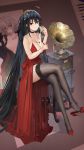  alcohol azur_lane between_breasts black_cat black_hair black_legwear breasts cat champagne champagne_flute cleavage cocktail_dress commentary_request crossed_legs cup dress drinking_glass envelope garter_straps high_heels highres large_breasts long_hair marisasu_(marisa0904) phonograph red_dress red_eyes shoes side_ponytail sitting smile stool taihou_(azur_lane) thighhighs very_long_hair 