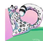  2016 anthro biped feline fur hair leopard looking_at_viewer male mammal nude raised_tail rear_view rokemi simple_background sitting smile snow_leopard victory_(texdot) 