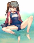  arm_support barefoot brown_eyes brown_hair brown_shirt commentary_request feet highres kantai_collection katase_minami leaning_back legs long_hair one-piece_swimsuit open_clothes open_shirt ribbon ryuujou_(kantai_collection) school_swimsuit shirt shirt_on_shoulders sitting solo spread_legs swimsuit swimsuit_under_clothes toes twintails visor_cap water 