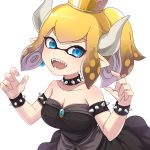  :d black_dress blonde_hair blue_eyes bowsette bowsette_(cosplay) breasts cleavage cosplay crown domino_mask dress highres horns inkling looking_at_viewer mario_(series) mask medium_breasts new_super_mario_bros._u_deluxe open_mouth pointy_ears sharp_teeth simple_background sleeveless sleeveless_dress smile solo splatoon_(series) strapless strapless_dress takeko_spla teeth tentacle_hair upper_body white_background 