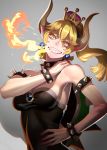  bare_shoulders blonde_hair blue_eyes bowsette bracelet breasts cleavage collar commentary_request crown dress earrings fire highres horns jewelry large_breasts long_hair looking_at_viewer mario_(series) moruga new_super_mario_bros._u_deluxe ponytail sharp_teeth smile solo spiked_bracelet spiked_collar spikes super_crown teeth 