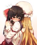  bad_id bad_pixiv_id bangs bare_shoulders black_hair blonde_hair blush bow brown_eyes commentary_request detached_sleeves eyebrows_visible_through_hair frilled_shirt_collar frills from_behind gradient gradient_background hair_between_eyes hair_bow hair_tubes hakurei_reimu hat hug juliet_sleeves long_hair long_sleeves mob_cap multiple_girls nose_blush open_mouth pink_background puffy_sleeves red_bow red_skirt ribbon-trimmed_sleeves ribbon_trim shinoba skirt smile tabard touhou upper_body very_long_hair white_background white_hat wide_sleeves yakumo_yukari yuri 