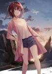  beach black_shorts brown_eyes brown_hair cloud coat collarbone day dutch_angle eyebrows_visible_through_hair hair_between_eyes hand_in_pocket highres k-me looking_at_viewer open_clothes open_coat original outdoors pink_coat shirt short_hair short_shorts shorts sketch smile solo standing white_shirt 