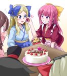  asakaze_(kantai_collection) bangs birthday_cake blonde_hair blue_bow blue_eyes blue_hakama blue_kimono bow brown_hair cake commentary_request cowboy_shot drill_hair food forehead fruit gradient gradient_background grin hakama happy_birthday harukaze_(kantai_collection) hat hatakaze_(kantai_collection) heart ichimi japanese_clothes kamikaze_(kantai_collection) kantai_collection kimono kotatsu kunashiri_(kantai_collection) long_hair matsukaze_(kantai_collection) meiji_schoolgirl_uniform mini_hat mini_top_hat multiple_girls out_of_frame parted_bangs pink_hair pink_hakama purple_eyes red_eyes red_kimono sidelocks smile strawberry table tasuki top_hat wavy_hair white_background yellow_bow 