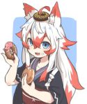  :d ahoge animal_ears bite_mark blue_eyes chocolate_icing commentary_request doughnut eating fang food food_on_face food_on_head fox_ears japanese_clothes kimono long_hair multicolored_hair obi object_on_head open_mouth original red_hair sash smile two-tone_hair v-shaped_eyebrows white_hair zizi_niisan 