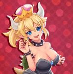  armlet bangs bare_arms bare_shoulders black_collar black_dress black_nails blonde_hair blue_eyes bowsette bracelet breasts claw_pose cleavage collar colored_eyelashes commentary crown dress drop_shadow earrings english_commentary eyebrows_visible_through_hair fangs fingernails forked_eyebrows hair_between_eyes hand_up horns jewelry large_breasts long_fingernails long_hair looking_at_viewer mario_(series) nail_polish nalin new_super_mario_bros._u_deluxe parted_bangs polka_dot polka_dot_background ponytail princess sharp_fingernails spiked_armlet spiked_bracelet spiked_collar spiked_shell spikes strapless strapless_dress super_crown super_mario_bros. thick_eyebrows turtle_shell 