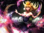  bare_shoulders black_dress blonde_hair blue_eyes blurry bowsette bracelet breasts cleavage collar commentary_request depth_of_field dress earrings fire glint hair_between_eyes harunatsu_akifumi highres horns jewelry large_breasts long_hair mario_(series) new_super_mario_bros._u_deluxe open_mouth ponytail sharp_teeth shell skirt_hold smile solo spiked_armlet spiked_bracelet spiked_collar spiked_tail spikes strapless strapless_dress super_crown tail teeth v-shaped_eyebrows 
