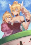  black_nails blonde_hair blue_eyes blue_sky blush bowsette breasts cleavage commentary_request crown cup day dress earrings fingernails highres horns janoukyo19 jewelry koopa_clown_car large_breasts looking_at_viewer mario_(series) multiple_girls nail_polish new_super_mario_bros._u_deluxe open_mouth pointy_ears ponytail princess_peach puffy_short_sleeves puffy_sleeves sharp_fingernails sharp_teeth shell short_sleeves sky sleeveless sleeveless_dress smile strapless strapless_dress super_crown teeth waving yuri 