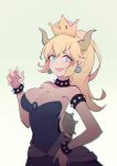  aqua_earrings aqua_eyes bangs bare_shoulders blonde_hair blurry blush borrowed_character bowsette bracelet breasts brooch claw_pose cleavage collar cowboy_shot crown dress eyebrows_visible_through_hair fangs gradient gradient_background hand_on_hip horns jewelry large_breasts long_ponytail looking_down mario_(series) new_super_mario_bros._u_deluxe pointy_ears ponytail short_eyebrows sidelocks smile solo spiked_bracelet spiked_collar spikes strapless strapless_dress super_crown vienri 
