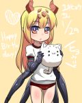  blonde_hair blue_eyes borrowed_character bright_pupils buruma cat character_request commentary_request fukurou_(owl222) happy_birthday heart holding horns insect_girl long_hair looking_at_viewer multicolored multicolored_eyes orange_eyes original parted_lips red_buruma shirt short_sleeves solo spider_girl standing white_shirt 