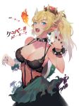  alternate_costume black_bra black_nails blonde_hair blue_eyes blush bowsette bra bracelet breasts breathing_fire claw_pose cleavage collar collarbone crown earrings fangs fingernails fire gao half-closed_eyes horns jewelry large_breasts lingerie looking_at_viewer mario_(series) nail_polish new_super_mario_bros._u_deluxe open_mouth pointy_ears ponytail salmon88 sharp_fingernails sharp_teeth simple_background solo spiked_bracelet spiked_collar spikes super_crown teeth tongue translation_request underwear white_background 