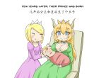  2girls :q blonde_hair blush bowsette breasts chair chinese closed_mouth comic crown dress english eyebrows_visible_through_hair fang_out green_dress greenteaneko hair_down highres holding ips_cells jitome large_breasts long_hair mario_(series) mother_and_son multiple_girls new_super_mario_bros._u_deluxe pointy_ears purple_dress red_hair simple_background smile super_crown tongue tongue_out white_background yuri 
