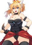  :d abs armlet ass_visible_through_thighs bangs bare_arms bare_shoulders black_collar black_legwear black_leotard blonde_hair blue_eyes blush bowsette bracelet breasts brooch cape cleavage clenched_hands collar collarbone commentary_request cowboy_shot crown e.o. earrings eyebrows_visible_through_hair fangs hair_between_eyes highres horns jewelry large_breasts leotard long_hair looking_at_viewer mario_(series) mini_crown new_super_mario_bros._u_deluxe open_mouth pointy_ears ponytail red_cape simple_background smile solo spiked_armlet spiked_bracelet spiked_collar spikes standing strapless strapless_leotard super_crown tail thighhighs thighs tongue tongue_out v-shaped_eyebrows waist_cape white_background 