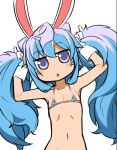  animal_ears bikini blue_bikini blue_hair blush bunching_hair bunny_ears commentary_request eyebrows_visible_through_hair fukurou_(owl222) gloves hacka_doll hacka_doll_3 head_tilt jitome long_hair looking_at_viewer micro_bikini navel otoko_no_ko parted_lips pinky_out purple_eyes simple_background solo swimsuit twintails upper_body very_long_hair white_background white_gloves 
