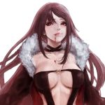  1girl blood blood_on_face breasts brown_hair cleavage consort_yu_(fate) fate/grand_order fate_(series) fur_trim long_hair looking_at_viewer mao_san red_eyes revealing_clothes simple_background slit_pupils solo tongue tongue_out white_background 