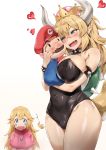  2girls bare_shoulders between_breasts blonde_hair blue_eyes blush bowsette bracelet breasts brooch brown_hair cabbie_hat cheek-to-cheek cleavage collar commentary_request covered_navel cowboy_shot crown crown_removed depressed dress eyebrows_visible_through_hair facial_hair fangs hand_on_another's_face happy hat heart height_difference hetero highleg highleg_leotard highres horns hug jealous jewelry large_breasts leotard long_hair long_ponytail mario mario_(series) miniboy multiple_girls mustache new_super_mario_bros._u_deluxe nose nose_blush open_mouth pink_dress pointy_ears ponytail princess_peach puffy_short_sleeves puffy_sleeves rainmaker red_hat sad shell shiny shiny_hair shiny_skin short_sleeves simple_background size_difference smile solid_oval_eyes spiked_bracelet spiked_collar spiked_shell spiked_tail spikes super_crown tail tears thighs tongue upper_body wavy_mouth white_background 