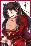  1girl archer black_bow black_hair blush bow closed_eyes couple eyebrows_visible_through_hair fate/stay_night fate_(series) getsuyoubi hair_bow highres hug hug_from_behind long_hair looking_up open_mouth orange_eyes red_sweater silver_hair smile sweater toosaka_rin twintails 