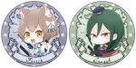  1girl :&lt; :d animal_ears bow brown_hair cat_ears character_name chibi crusch_karsten epaulettes eyebrows_visible_through_hair felix_argyle green_hair hair_bow hat jpeg_artifacts looking_at_viewer open_mouth orange_eyes re:zero_kara_hajimeru_isekai_seikatsu short_eyebrows smile thick_eyebrows transparent_background v-shaped_eyebrows white_bow 