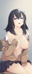  akino_sora bangs bare_shoulders between_legs black_hair black_skirt blue_eyes blush breasts brown_cardigan cardigan chair collared_shirt commentary eyebrows_visible_through_hair fingernails hair_between_eyes half-closed_eyes hand_between_legs highres large_breasts long_hair long_sleeves looking_at_viewer navel nipples off_shoulder on_chair open_cardigan open_clothes open_mouth open_shirt original pleated_skirt shirt sitting skirt sleeves_past_wrists solo symbol_commentary white_shirt 