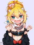  :d black_skirt blonde_hair blue_eyes blush bow bowsette_jr. claw_pose commentary crown earrings fang grey_background hair_between_eyes highres horns jewelry looking_at_viewer mario_(series) midriff mugcup navel new_super_mario_bros._u_deluxe open_mouth pointy_ears ponytail red_bow signature simple_background skirt smile solo super_crown v-shaped_eyebrows wristband 