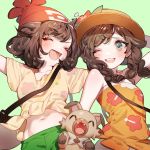  :d ;d ^_^ aqua_background arm_behind_head arm_up arms_up bag bangs beanie blue_eyes blush braid breasts brown_hair closed_eyes commentary_request fang floral_print flower gen_7_pokemon green_shirt hat hat_flower hibiscus long_hair mizuki_(pokemon) multiple_girls navel one_eye_closed open_mouth outstretched_arms partial_commentary pokemon pokemon_(creature) pokemon_(game) pokemon_sm pokemon_usum print_shirt red_flower red_hat ribbon rockruff shirt short_shorts short_sleeves shorts shoulder_bag simple_background small_breasts smile strapless sun_hat swept_bangs tied_skirt twin_braids upper_body upper_teeth yellow_ribbon yellow_shirt zuizi 