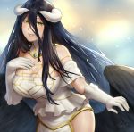  albedo bangs bare_shoulders black_feathers black_hair black_wings breasts cleavage collarbone demon_girl demon_horns demon_wings detached_collar dress elbow_gloves feathered_wings feathers gloves hair_between_eyes hip_vent horns large_breasts long_hair looking_at_viewer low_wings natsuyu open_mouth overlord_(maruyama) simple_background slit_pupils smile very_long_hair white_dress white_gloves wings yellow_eyes 