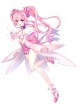  :3 absurdres aisha_(elsword) breasts cherry_blossoms dimension_witch_(elsword) elsword eyebrows_visible_through_hair gloves hand_on_hand highres long_hair magical_girl medium_breasts pink_hair purple_eyes ribbon smile thighs twintails xes_(xes_5377) 
