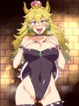  armlet ass_visible_through_thighs bangs black_legwear black_leotard black_nails blonde_hair blue_eyes blush bowsette bracelet breast_suppress breasts brick_wall cameltoe cleavage collar collarbone colored_eyelashes covered_navel cowboy_shot crown earrings emerald eyebrows eyebrows_visible_through_hair gem gradient gradient_hair hair_between_eyes hands_on_own_chest highleg highleg_leotard hips horns jewelry large_breasts leotard long_hair looking_at_viewer mario_(series) messy_hair mizuryuu_kei multicolored_hair nail_polish new_super_mario_bros._u_deluxe open_mouth pointy_ears sharp_teeth short_pointy_ears solo spiked_armlet spiked_bracelet spiked_collar spiked_shell spiked_thighlet spikes standing strapless strapless_leotard super_crown teeth thighhighs thighlet tongue tongue_out turtle_shell upper_teeth v-shaped_eyebrows 