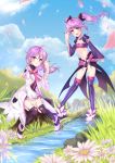  absurdres aisha_(elsword) cloud day elemental_master_(elsword) elsword eyebrows_visible_through_hair floral_background highres holding holding_hair midriff multiple_girls navel petals purple_sleeves ribbon sky smile stream symbol twintails void_princess_(elsword) wind xes_(xes_5377) 