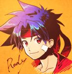  blue_hair closed_mouth commentary_request headband looking_at_viewer male_focus red_headband rody_roughnight sepia simple_background solo spiked_hair wild_arms wild_arms_1 yururi-ra 
