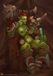  abs areola armor belt boots breasts chair clitoris clothed clothing female footwear green_skin hair humanoid kate_starling melee_weapon muscular muscular_female nipples not_furry orc partially_clothed patreon pointy_ears pubes pussy red_hair sitting skull solo sword throne tusks undercut video_games warcraft weapon 