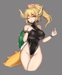  ;p artist_name ass_visible_through_thighs bare_shoulders black_leotard blonde_hair blue_eyes bowsette bracelet breasts collar commentary commission covered_navel cropped_legs crown earrings english_commentary eyebrows_visible_through_hair eyes_visible_through_hair grey_background hair_between_eyes half-closed_eye horns jewelry leotard long_hair looking_at_viewer mario_(series) medium_breasts new_super_mario_bros._u_deluxe one_eye_closed ponytail simple_background smile solo spiked_armlet spiked_bracelet spiked_collar spiked_shell spiked_tail spikes super_crown tail terupancake thigh_gap thighs tongue tongue_out turtle_shell twitter_username 