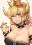  :d bare_shoulders black_nails blue_eyes blush bowsette bracelet breasts claw_pose cleavage collar collarbone commentary crown earrings highres horns jewelry large_breasts looking_at_viewer mario_(series) nail_polish natsuyu new_super_mario_bros._u_deluxe open_mouth pointy_ears sharp_teeth shoulder_spikes sleeveless smile solo spiked_bracelet spiked_collar spikes strapless super_crown teeth thick_eyebrows upper_body 