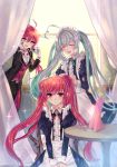  2boys adjusting_hair ahoge ainchase_ishmael april_fools blush butler camera closed_eyes elesis_(elsword) elsword elsword_(character) eyebrows_visible_through_hair fang highres long_hair maid mirror multicolored_hair multiple_boys ribbon sitting smile sparkle star star-shaped_pupils symbol-shaped_pupils two-tone_hair xes_(xes_5377) 
