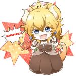  :d black_dress blonde_hair blue_eyes bowsette bracelet chibi claw_pose collar crown dress eyebrows_visible_through_hair hair_between_eyes horns jewelry lowres mario_(series) nail_polish new_super_mario_bros._u_deluxe open_mouth ponytail satou_(shiny_sugar87) shell smile solo speech_bubble spiked_armlet spiked_bracelet spiked_collar spiked_tail spikes strapless strapless_dress super_crown tail thick_eyebrows v-shaped_eyebrows 